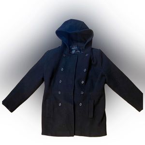 100% Wool pea coat Moda International. Heavy winter women’s hooded and lined.